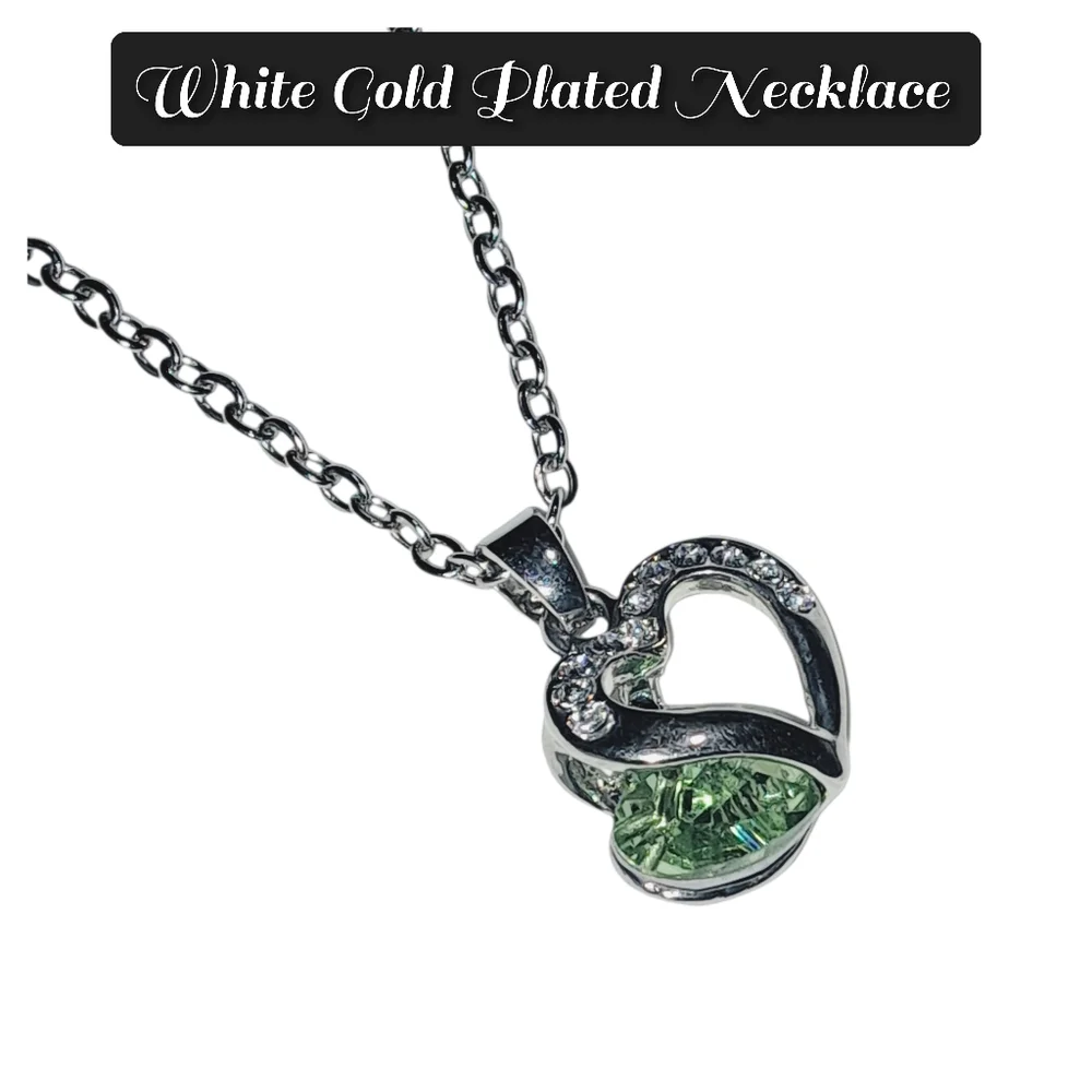 White Gold Plated Green CZ Heart Pendant with Stainless Steel Necklace